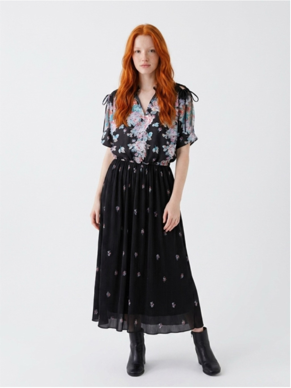 70s Black Floral Pleated Tea Length Dress